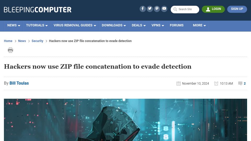 Screenshot of bleepingcomputer.com: Hackers use ZIP file concatenation to evade detection