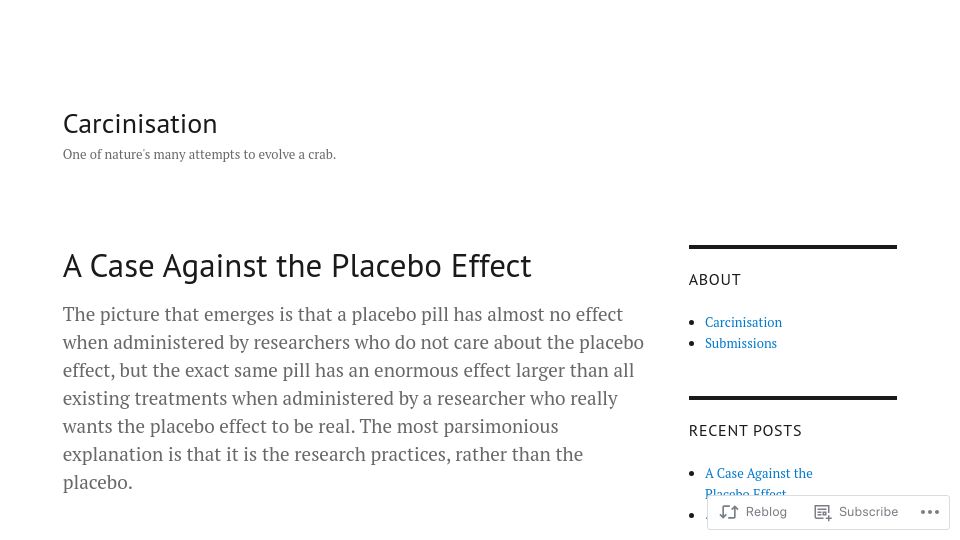 Screenshot of carcinisation.com: A Case Against the Placebo Effect