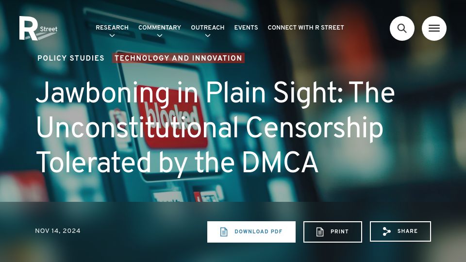 Screenshot of rstreet.org: Jawboning in Plain Sight: The Unconstitutional Censorship Tolerated by the DMCA