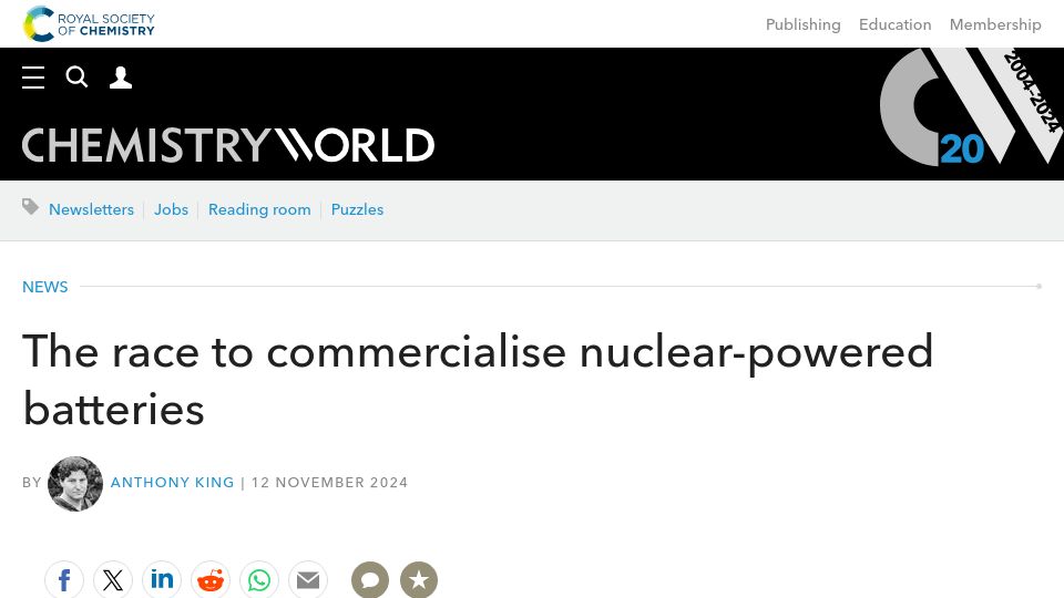 Screenshot of chemistryworld.com: The race to commercialise nuclear-powered batteries