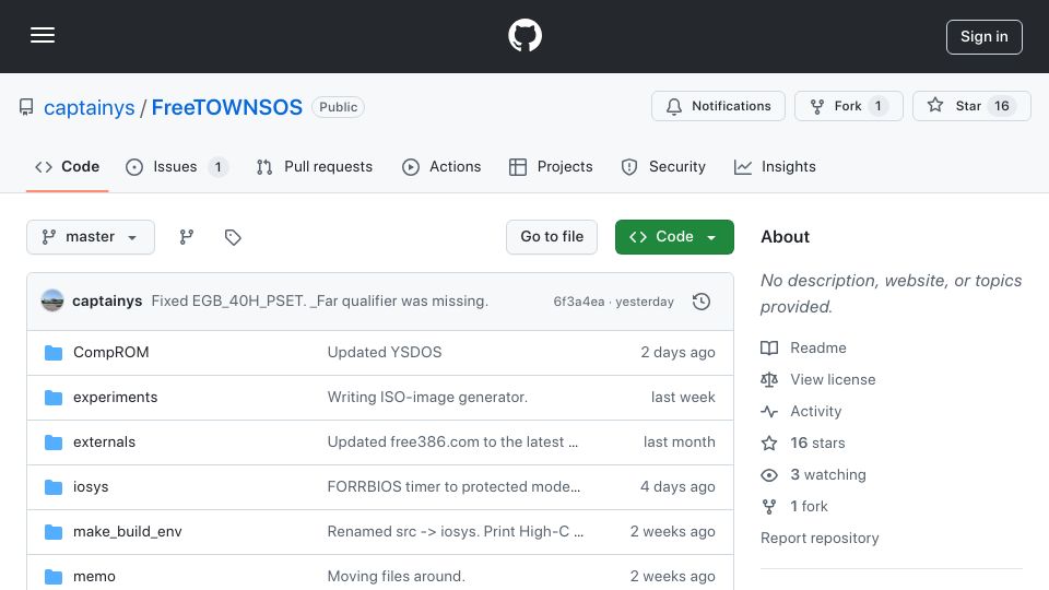 Screenshot of github.com: Tsugaru OS – A New Free FM-Towns OS