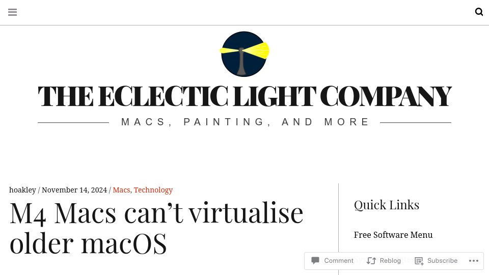 Screenshot of eclecticlight.co: M4 Macs can't virtualise older macOS