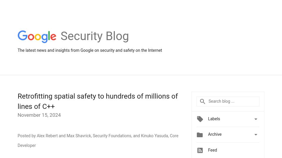 Screenshot of security.googleblog.com: Retrofitting spatial safety to lines of C++