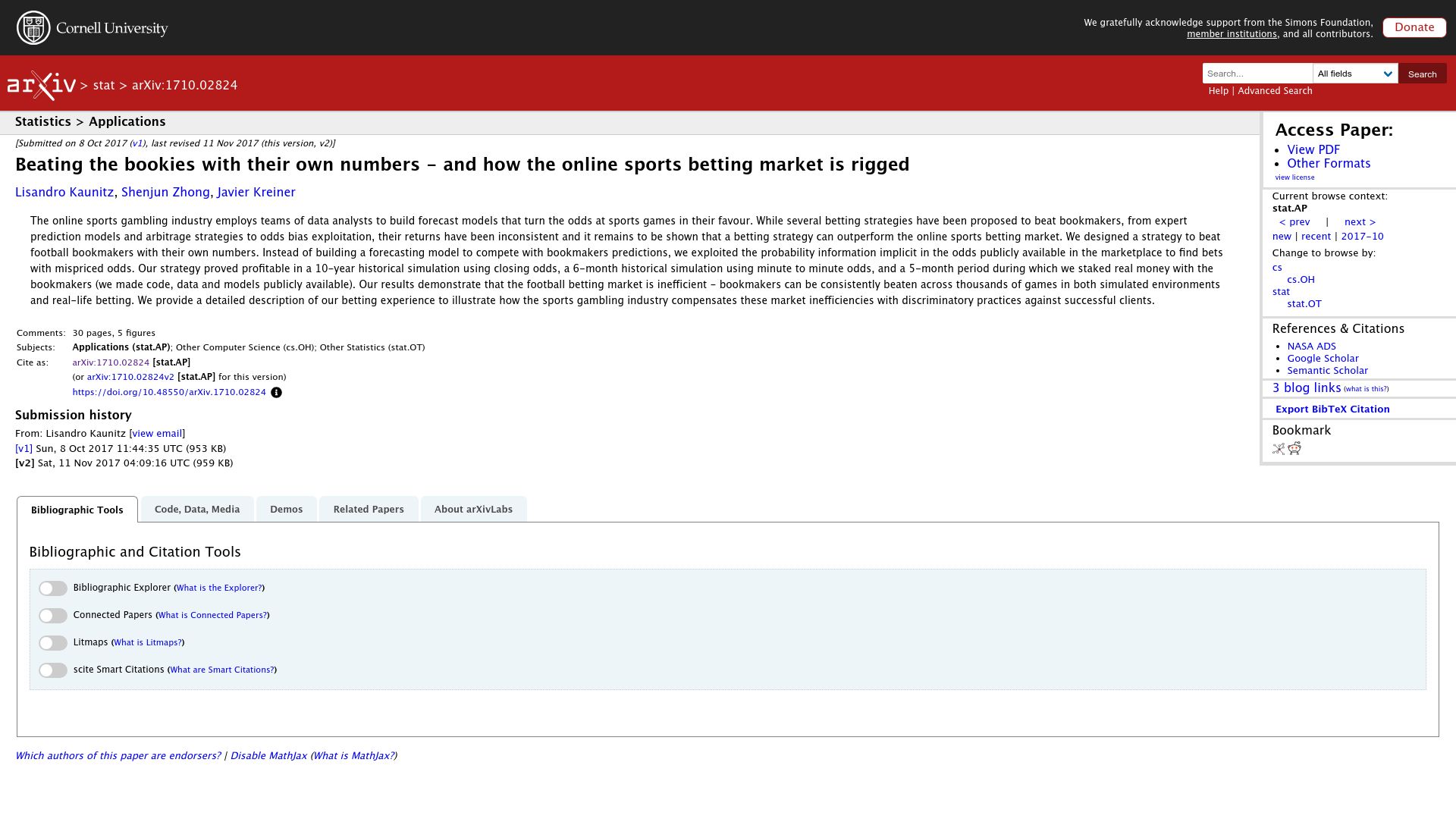 Screenshot of arxiv.org: Beating the bookies with their own numbers