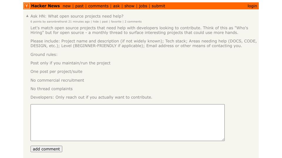 Screenshot of Hacker News post: Ask HN: What open source projects need help?