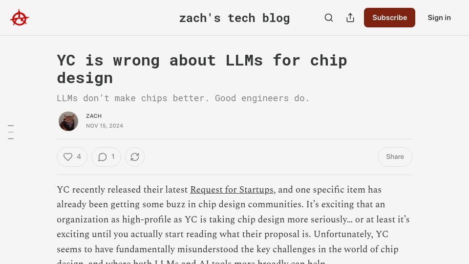 Screenshot of zach.be: YC is wrong about LLMs for chip design