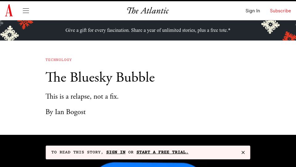 Screenshot of theatlantic.com: The Bluesky Bubble: This is a relapse, not a fix