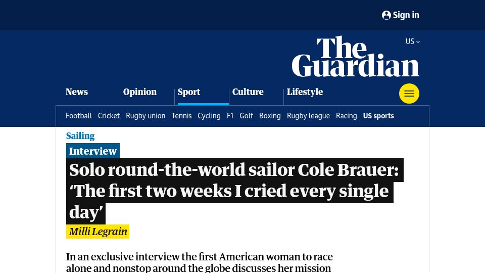 Screenshot of theguardian.com: Solo round-the-world sailor Cole Brauer:first two weeks I cried every single day