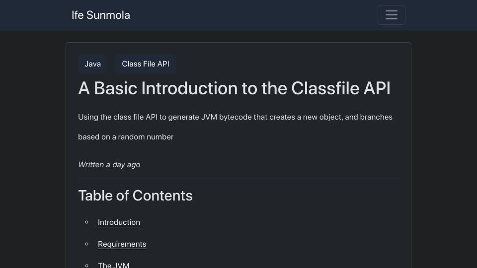 Screenshot of ifesunmola.com: A basic introduction to the classfile API in Java