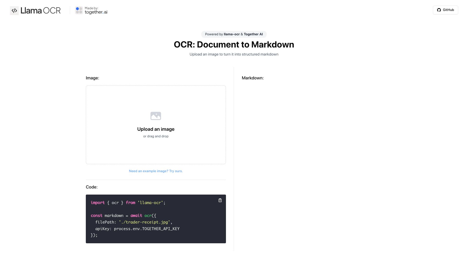 Screenshot of llamaocr.com: Llama-OCR: Document to Markdown