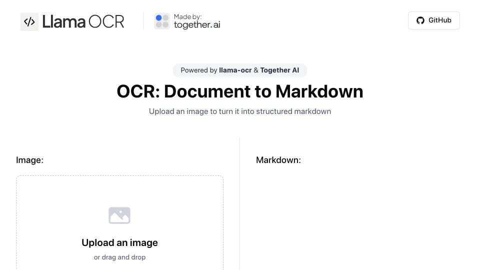 Screenshot of llamaocr.com: Llama-OCR: Document to Markdown