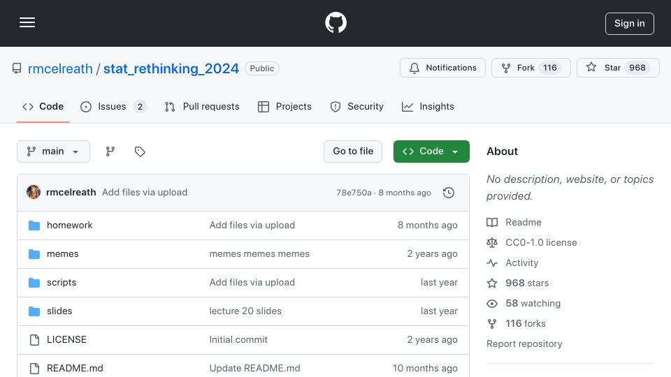 Screenshot of github.com: Statistical Rethinking (2024 Edition)