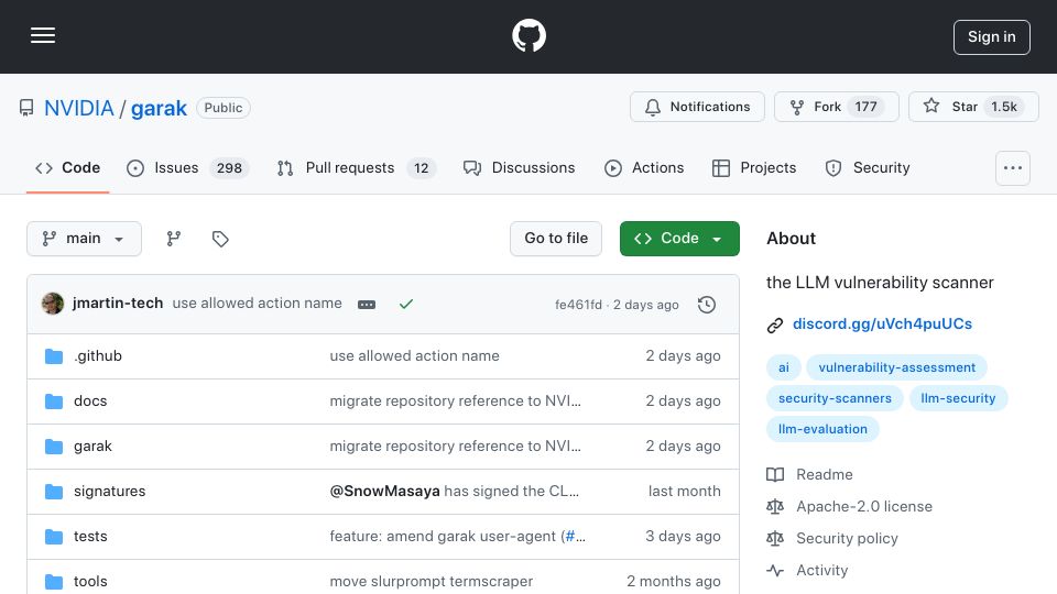 Screenshot of github.com: Garak, LLM Vulnerability Scanner