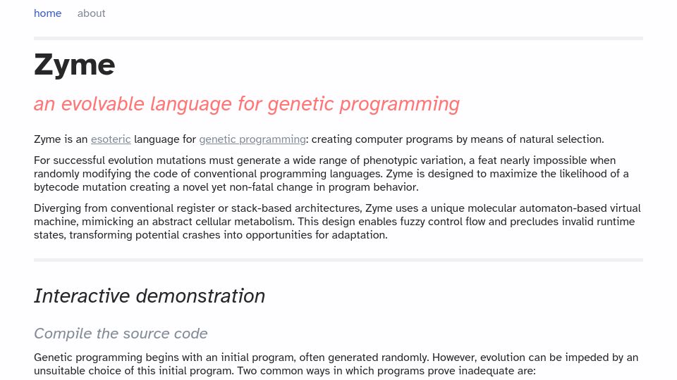 Screenshot of zyme.dev: Show HN: Zyme – An Evolvable Programming Language
