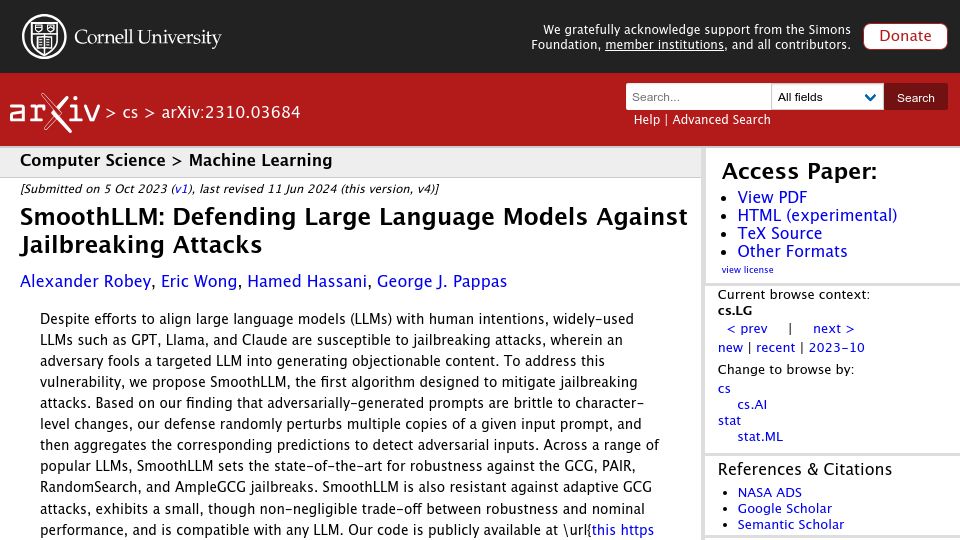 Screenshot of arxiv.org: SmoothLLM: Defending Large Language Models Against Jailbreaking Attacks
