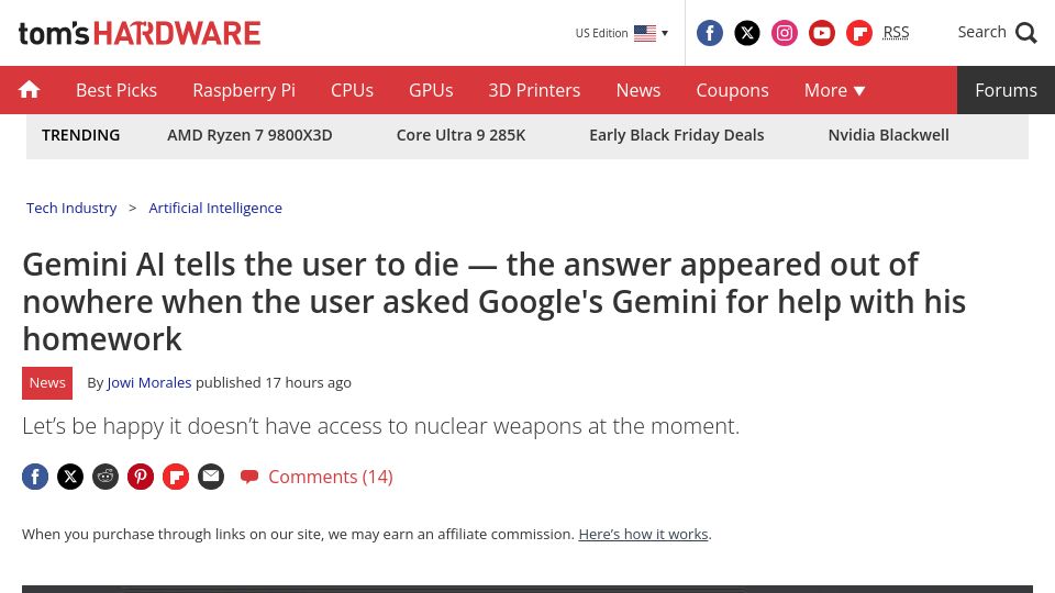 Screenshot of tomshardware.com: Gemini AI tells the user to die