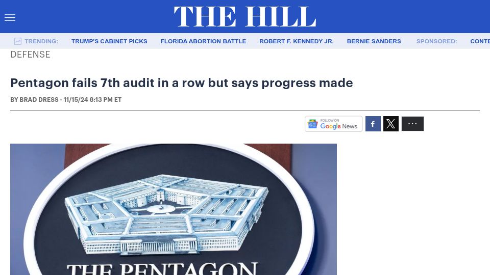 Screenshot of thehill.com: Pentagon fails 7th audit in a row but says progress made
