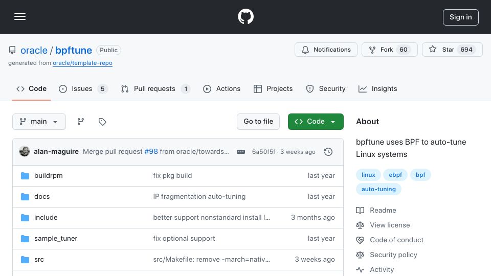 Screenshot of github.com: Bpftune uses BPF to auto-tune Linux systems