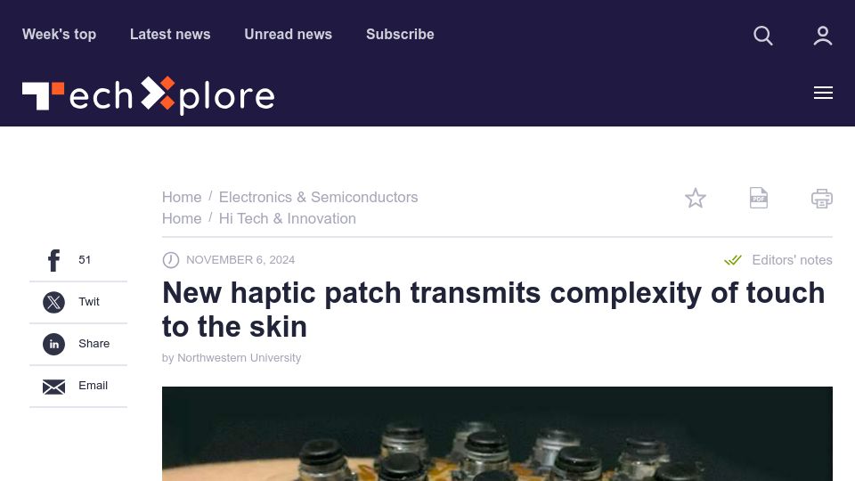 Screenshot of techxplore.com: New haptic patch transmits complexity of touch to the skin