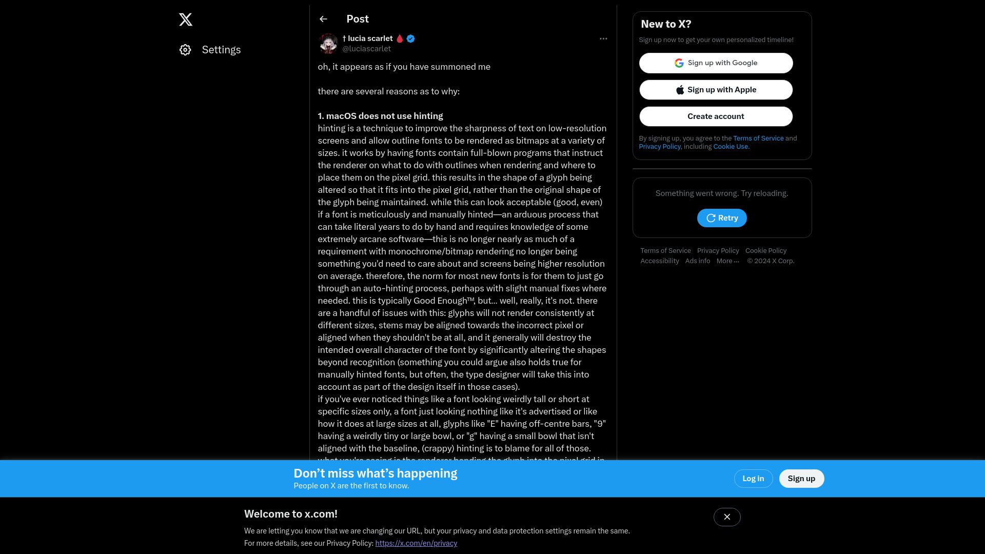 Screenshot of twitter.com: Why does the same font look better on macOS?