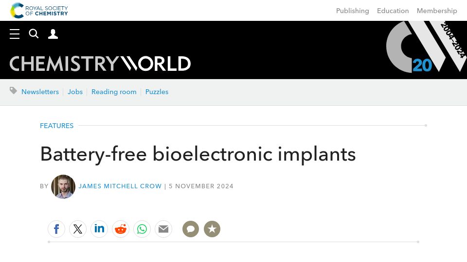 Screenshot of chemistryworld.com: Battery-Free Bioelectronic Implants