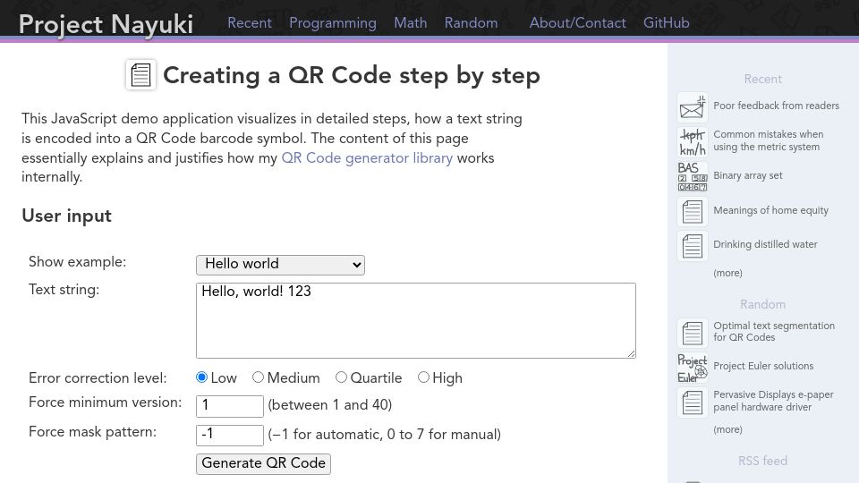 Screenshot of nayuki.io: Creating a QR Code step by step