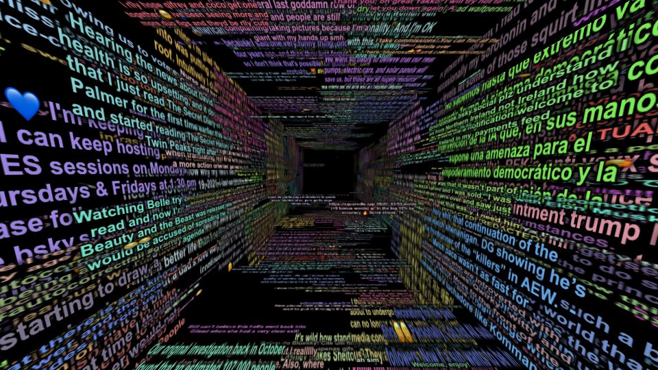 Screenshot of firehose3d.theo.io: The Bluesky firehose viewed in the style of a Windows XP screensaver