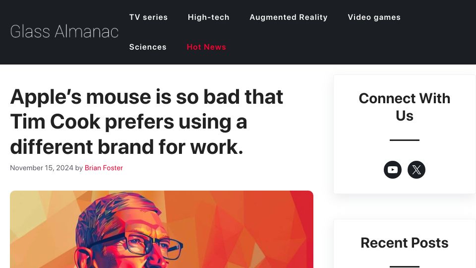 Screenshot of glassalmanac.com: Apple's mouse is so bad that Tim Cook prefers using a different brand for work