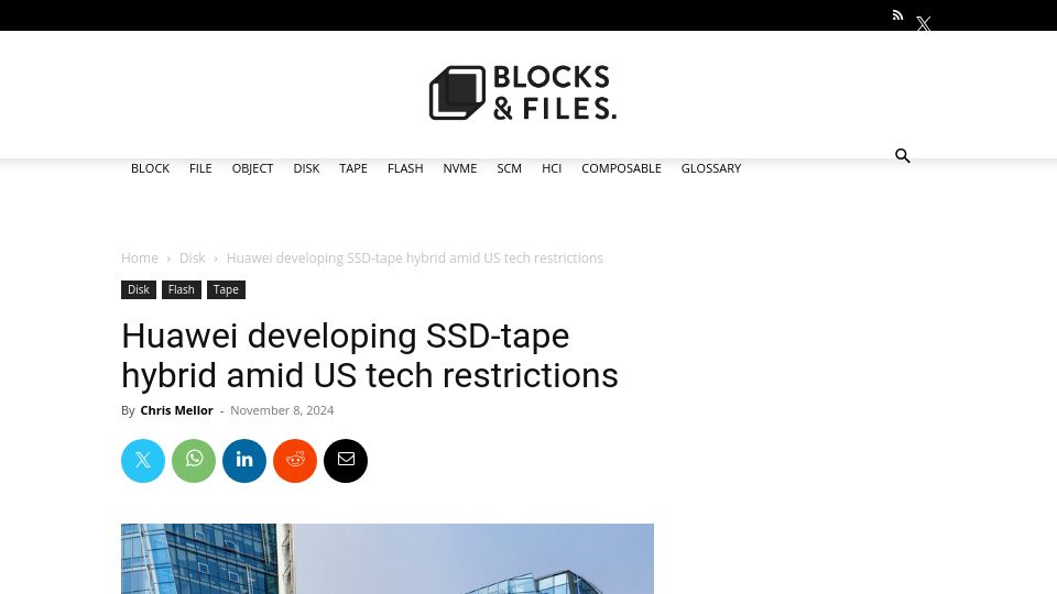 Screenshot of blocksandfiles.com: Huawei developing SSD-tape hybrid amid US tech restrictions