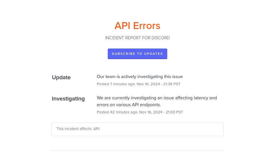 Screenshot of discordstatus.com: Discord API Errors