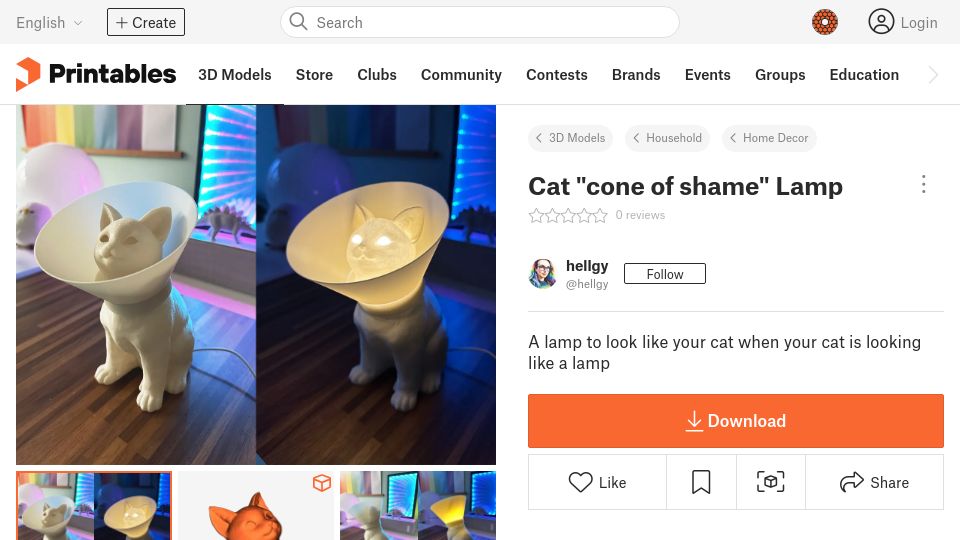 Screenshot of printables.com: Cone of Shame Cat Lamp