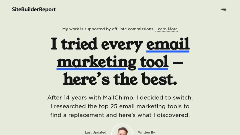 Screenshot of sitebuilderreport.com: I tried every top email marketing tool
