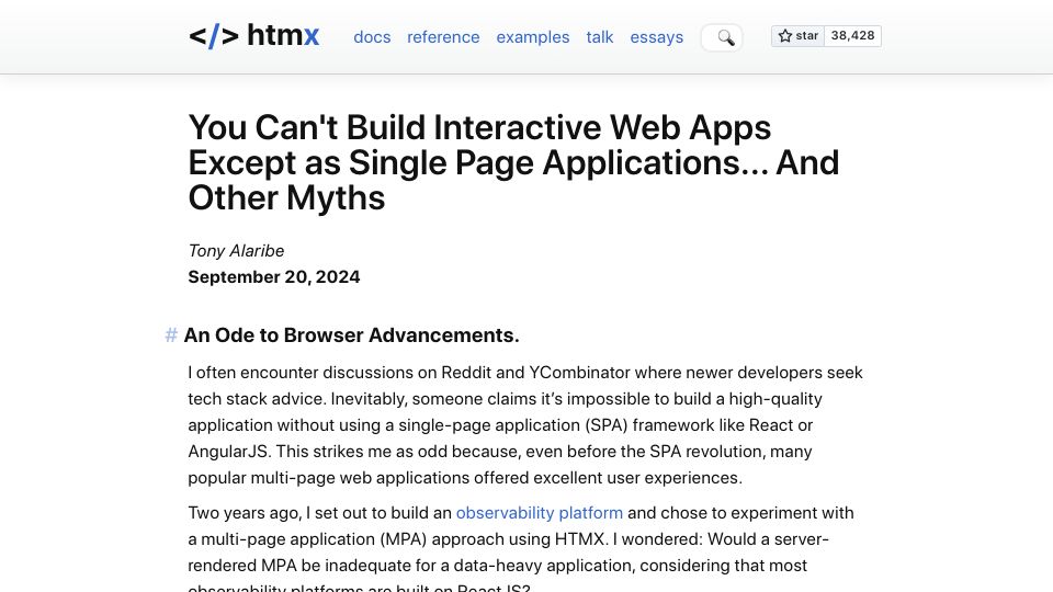 Screenshot of htmx.org: The myth that you can’t build interactive web apps except as single page app
