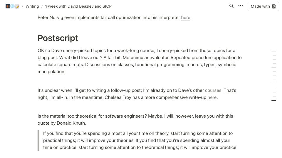 Screenshot of ezzeriesa.notion.site: Everything Is Just Functions: 1 week with David Beazley and SICP
