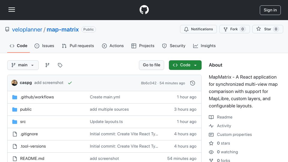 Screenshot of github.com: Claude AI built me a React app to compare maps side by side