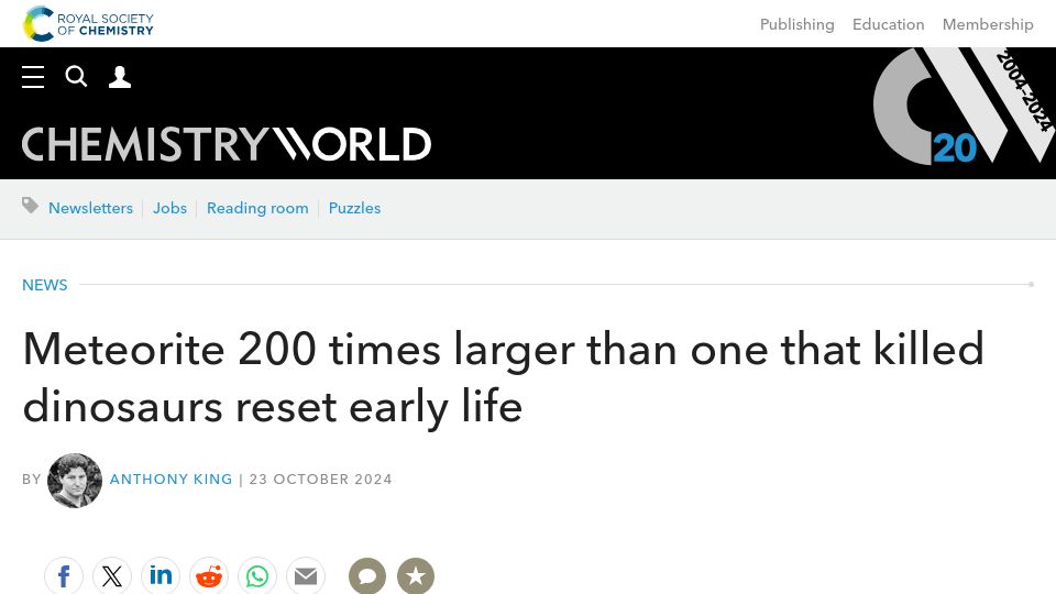 Screenshot of chemistryworld.com: Effect of a giant meteorite impact on Paleoarchean environment and life