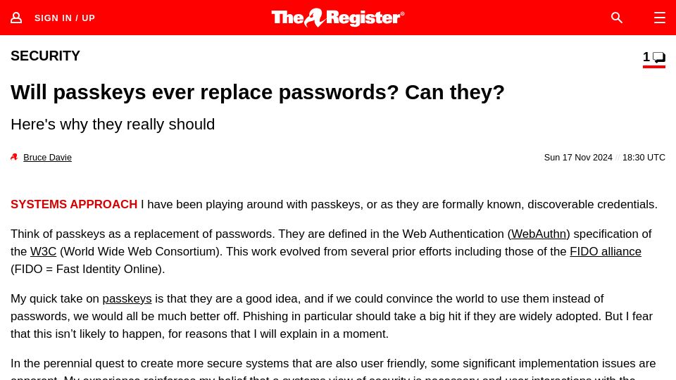 Screenshot of theregister.com: Will passkeys ever replace passwords? Can they? Here's why they should