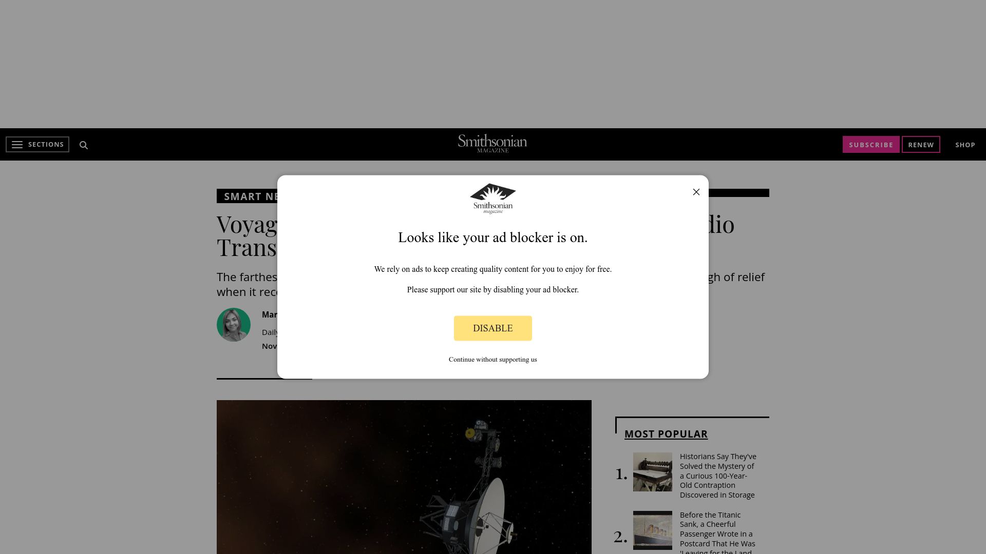 Screenshot of smithsonianmag.com: Voyager 1 Breaks Its Silence with NASA via Radio Transmitter Not Used Since 1981