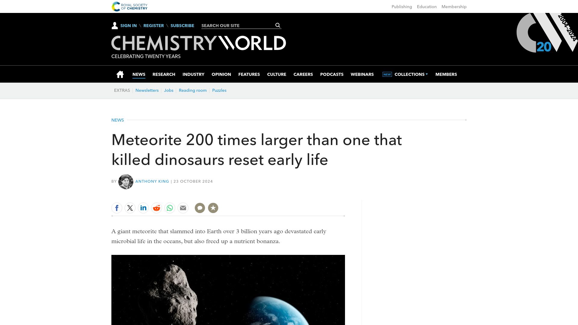 Screenshot of chemistryworld.com: Effect of a giant meteorite impact on Paleoarchean environment and life