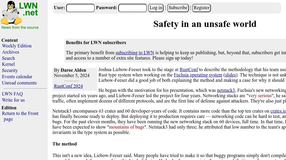 Screenshot of lwn.net: Safety in an unsafe world