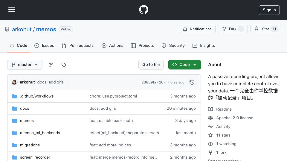 Screenshot of github.com: Memos – An open source Rewinds / Recall