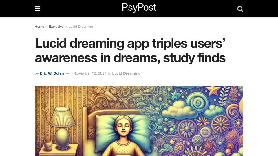 Screenshot of psypost.org: Lucid dreaming app triples users' awareness in dreams, study finds