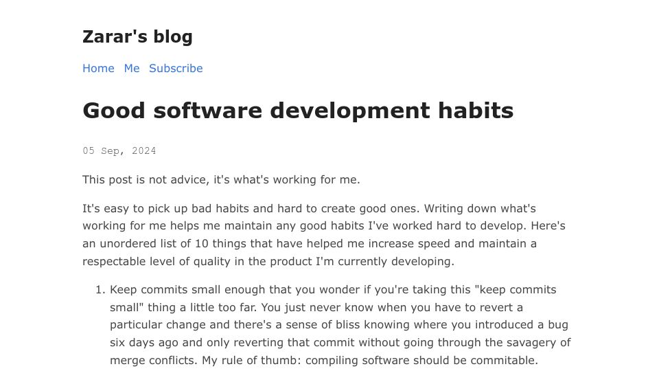 Screenshot of zarar.dev: Good Software Development Habits