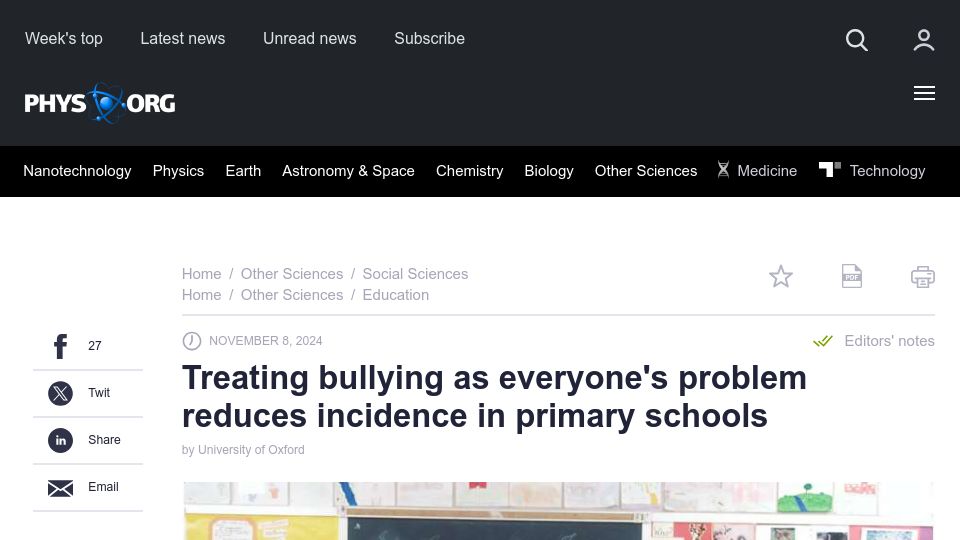 Screenshot of phys.org: Treating bullying as everyone's problem reduces incidence in primary schools