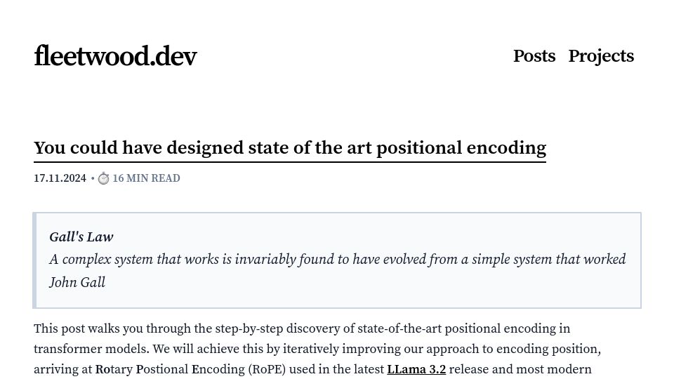 Screenshot of fleetwood.dev: You could have designed state of the art positional encoding