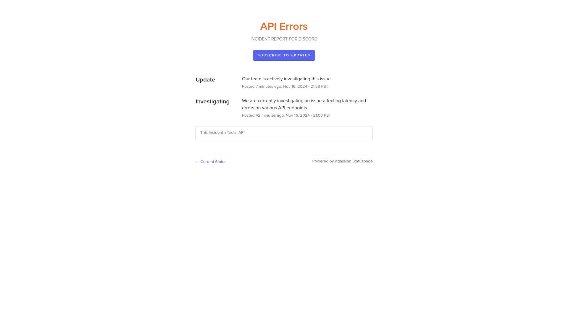 Screenshot of discordstatus.com: Discord API Errors