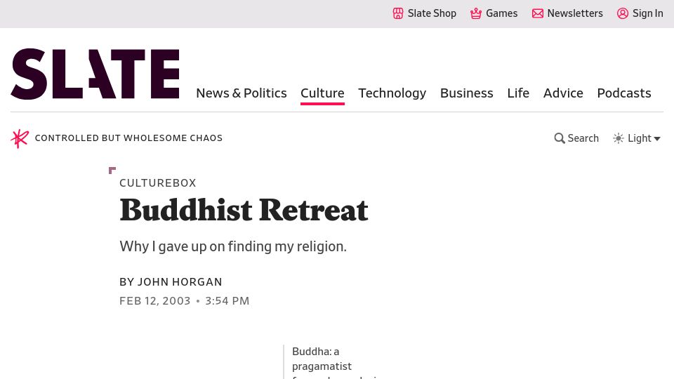 Screenshot of slate.com: Buddhist Retreat: Why I gave up on finding my religion (2003)