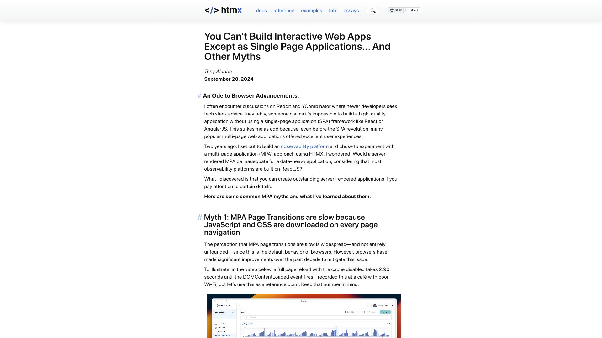 Screenshot of htmx.org: The myth that you can’t build interactive web apps except as single page app