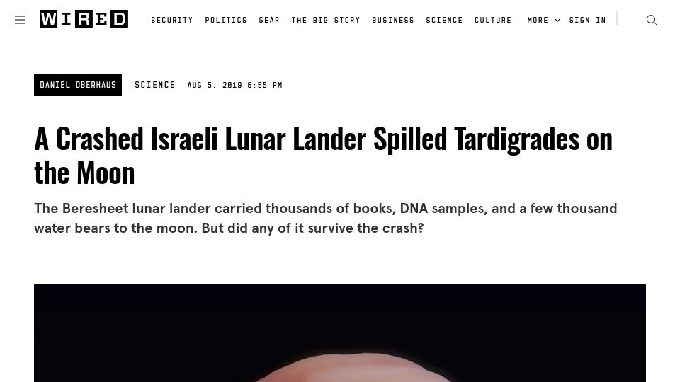 Screenshot of wired.com: A Crashed Israeli Lunar Lander Spilled Tardigrades on the Moon(2019)