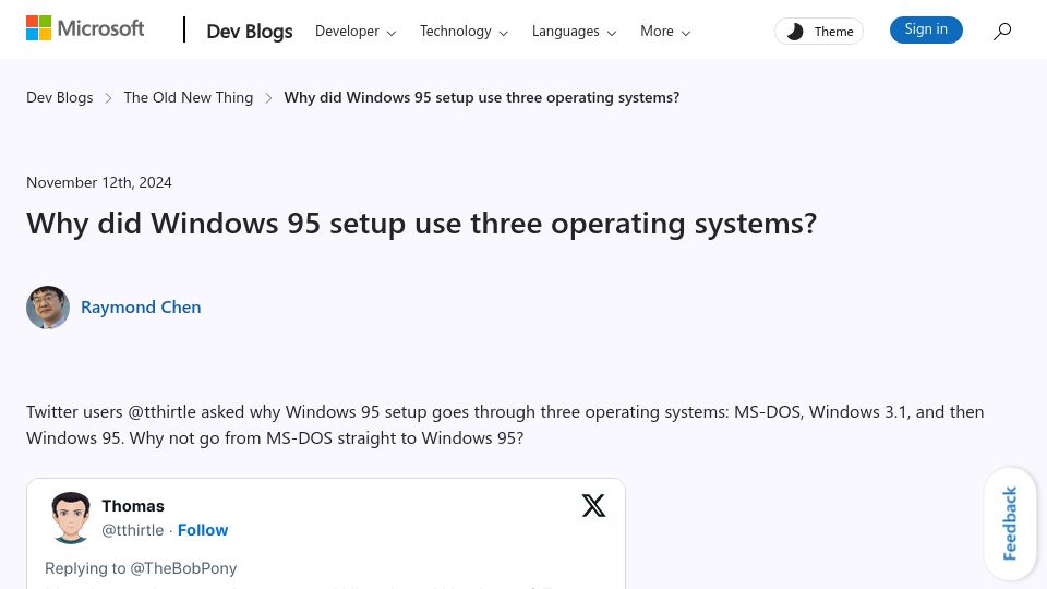 Screenshot of devblogs.microsoft.com: Why did Windows 95 setup use three operating systems?